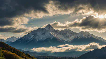 Panoramic view of the snow-capped peaks of the mountains