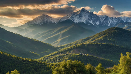 Panoramic view of mountains in the morning. Caucasus, Russiaの写真素材