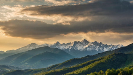 Beautiful sunset in the mountains. Panoramic view of the mountains.の写真素材