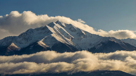 Mountain peaks covered with cloudsの写真素材