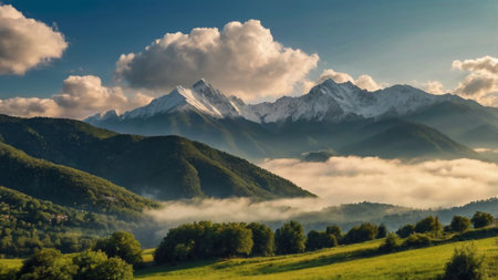 Panoramic view of the mountains in the morning mist.の写真素材