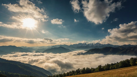 Mountain landscape with clouds and sun in the sky. Caucasus, Georgia.の写真素材