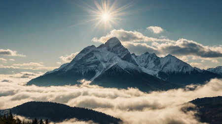 Mountains in the clouds at sunset. Panoramic view.の写真素材
