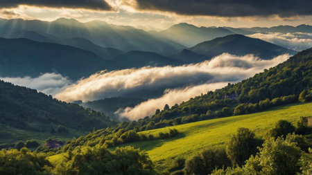 Morning fog in the Carpathian mountains. Ukraine, Europe.