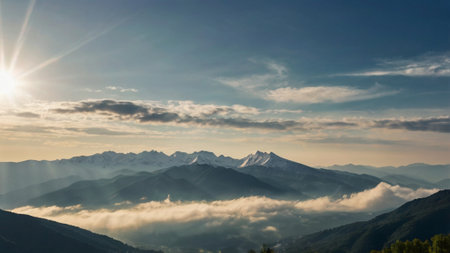 Majestic sunset in the mountains landscape. Panoramic view.の写真素材