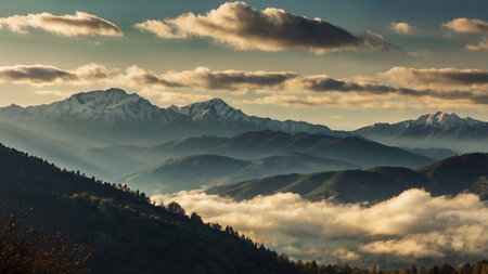 Mountains in the clouds at sunset. Caucasus Mountains, Georgia.