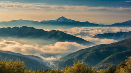 Mountain landscape with fog in the morning.の写真素材