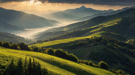 Landscape of green hills in the Carpathian mountains at sunset