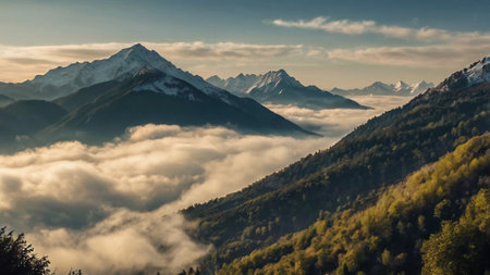 Panoramic view of the mountains covered with clouds at sunset.の写真素材