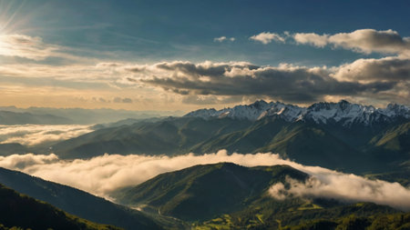 Panoramic view of the Caucasus mountains at sunset, Georgia.の写真素材