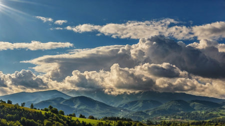 Clouds in the blue sky over the mountains. Carpathian, Ukraineの写真素材
