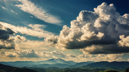 Clouds in the sky above the mountains. Beautiful summer landscape.の写真素材