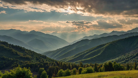 Sunset in the mountains. Beautiful summer landscape. Ukraine, Europe.の写真素材