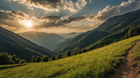 Beautiful sunset in the mountains. Summer landscape. Carpathians, Ukraine, Europeの写真素材