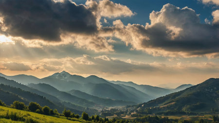 Landscape of mountains and clouds at sunset. Carpathian, Ukraineの写真素材