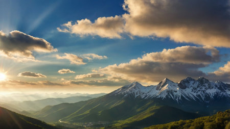 Beautiful sunset in the mountains. Panoramic view of the Caucasus Mountains.の写真素材