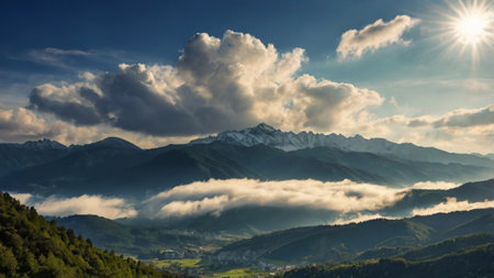 Panoramic view of mountains in clouds on a sunny day.の写真素材