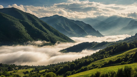 Mountain landscape with fog in the morning. Ukraine, Carpathians
