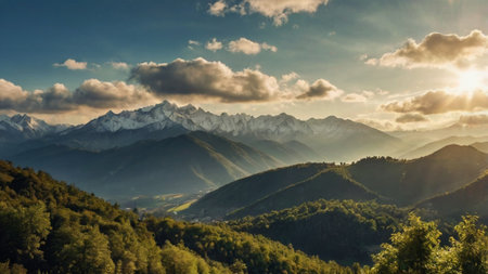 Mountain landscape at sunset. Panoramic view of the mountains.