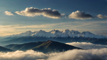 Mountains in clouds at sunset. Caucasus, Dombay.の写真素材