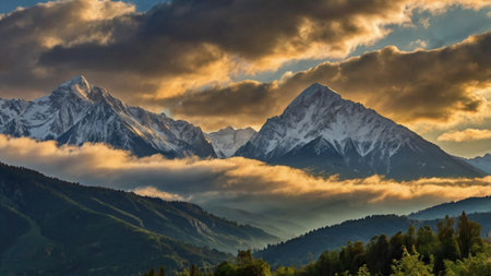 Mountain landscape with clouds and sky at sunset. Himalaya, Nepal.
