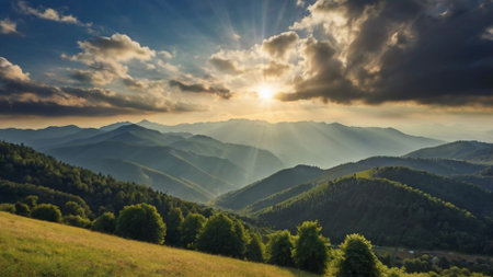 Mountain landscape with clouds and sun. Sunset in the Carpathian mountains