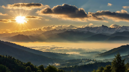 Sunset in the mountains. Sunrise in the mountains. Landscape with mountains and clouds.