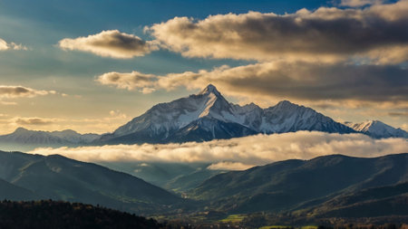 Panoramic view of the mountains in the morningの写真素材