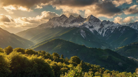 Panoramic view of the mountains at sunset.の写真素材