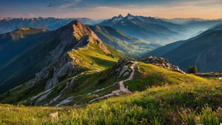 Panoramic view of the mountains at sunset. Caucasus, Russiaの写真素材
