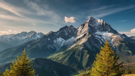 Beautiful alpine landscape with snow-capped peaks and coniferous forestの写真素材