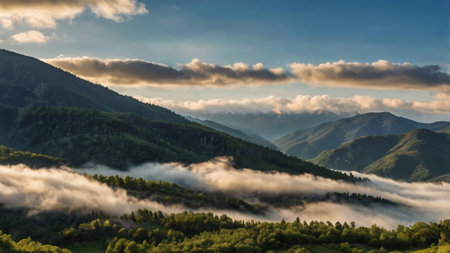 Landscape of mountains covered with fog in the morning at sunrise.