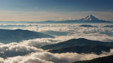 Mountain landscape in the clouds. View from the top of the mountain.の写真素材