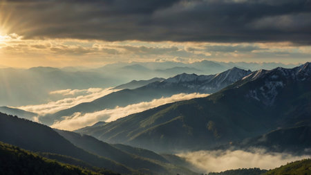 Mountain landscape with clouds at sunset. Caucasus Mountains, Georgia.の写真素材