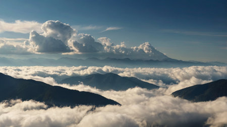 Aerial view of clouds and mountain peaks at sunrise. Nature backgroundの写真素材