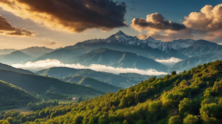 Beautiful sunset in the mountains. Panoramic view of the Caucasus Mountains.