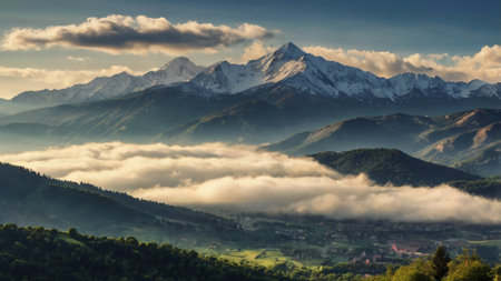 Mountain landscape with clouds and fog at sunrise.の写真素材