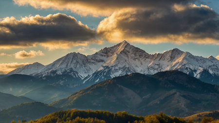 Panoramic view of snow capped mountains at sunset. Caucasus, Russia