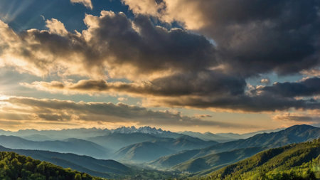 Mountain landscape with clouds at sunset. Caucasus Mountains, Georgia.