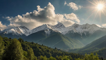 Panorama of the Caucasus mountains in the clouds on a sunny dayの写真素材