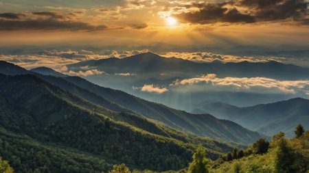 Beautiful sunrise in the mountains. Panoramic view of the mountains.の写真素材