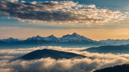 Mountain range in the clouds. View from the top of the mountain.