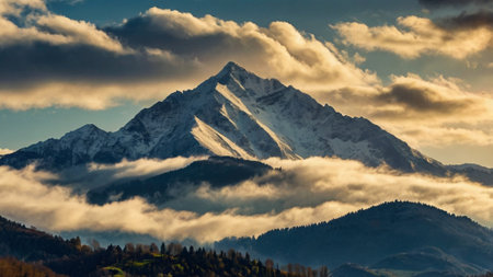 Beautiful mountain landscape with snow-capped peaks in the clouds