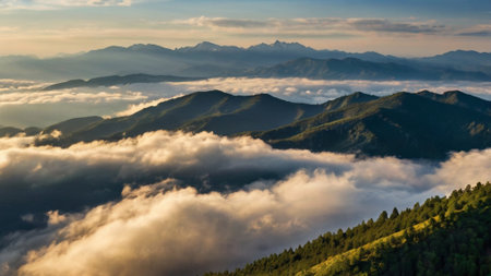 Mountains and clouds in the morning light, Carpathian Mountains, Ukraineの写真素材
