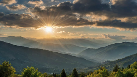 Beautiful sunrise over the mountains in Carpathian, Ukraine.の写真素材