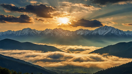 Sunset in the mountains in the clouds. Caucasus, Russia.