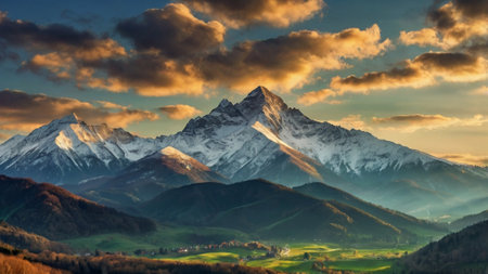 Panoramic view of snow-capped mountains at sunset. Switzerlandの写真素材