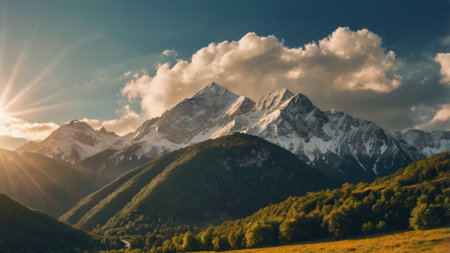 Mountain landscape at sunset. Panoramic view of the Caucasus Mountains.