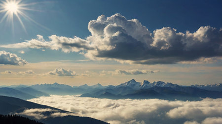 Mountain panorama with clouds and sun in the blue sky.の写真素材