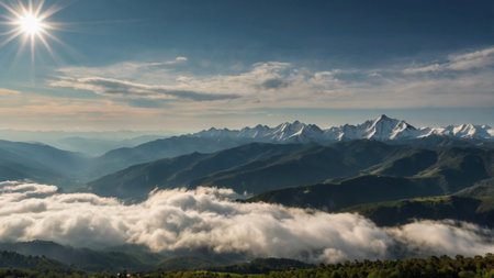 Beautiful mountain landscape with blue sky and clouds. Panoramic view.の写真素材